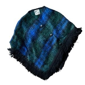 Vintage Mohair Strathtay Kids Plaid Cape in Blue and Green